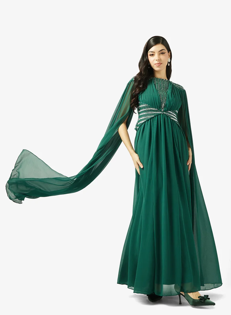 Amelia Rose Crew Neck Cape Sleeve Maxi Dress